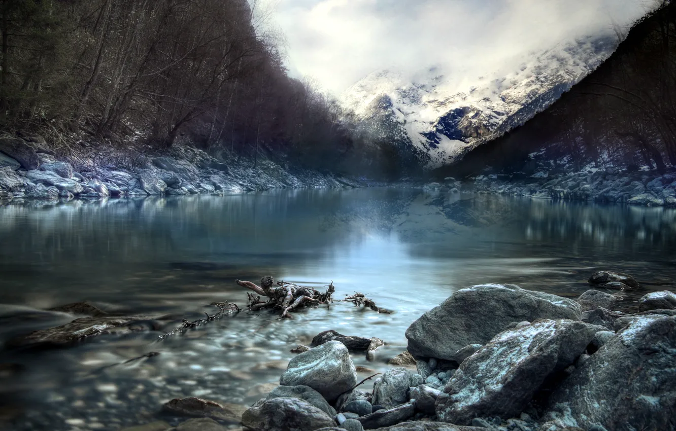 Фото обои пейзаж, горы, река