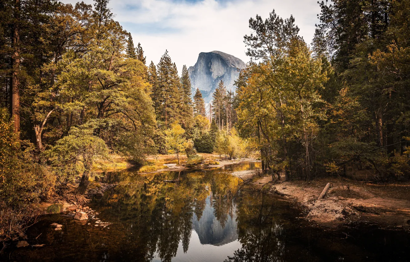Фото обои осень, лес, вода, деревья, горы, отражение, скалы, Калифорния