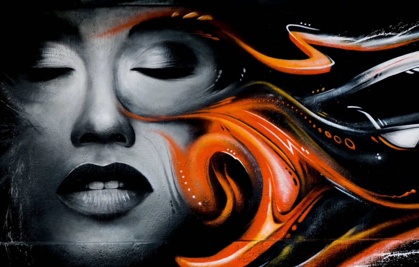 Фото обои девушка, лицо, стена, граффити, рисунок