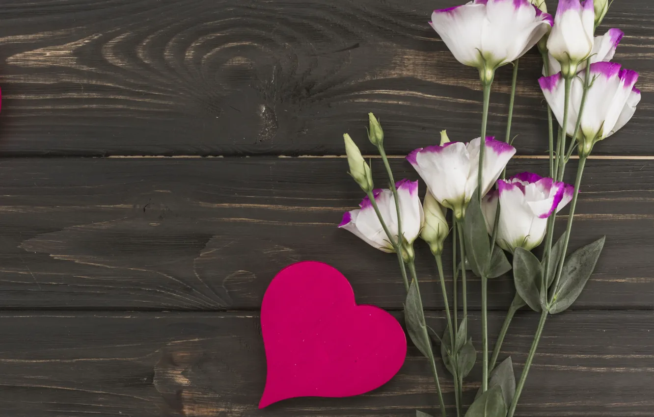 Фото обои цветы, love, white, heart, wood, flowers, эустома, eustoma