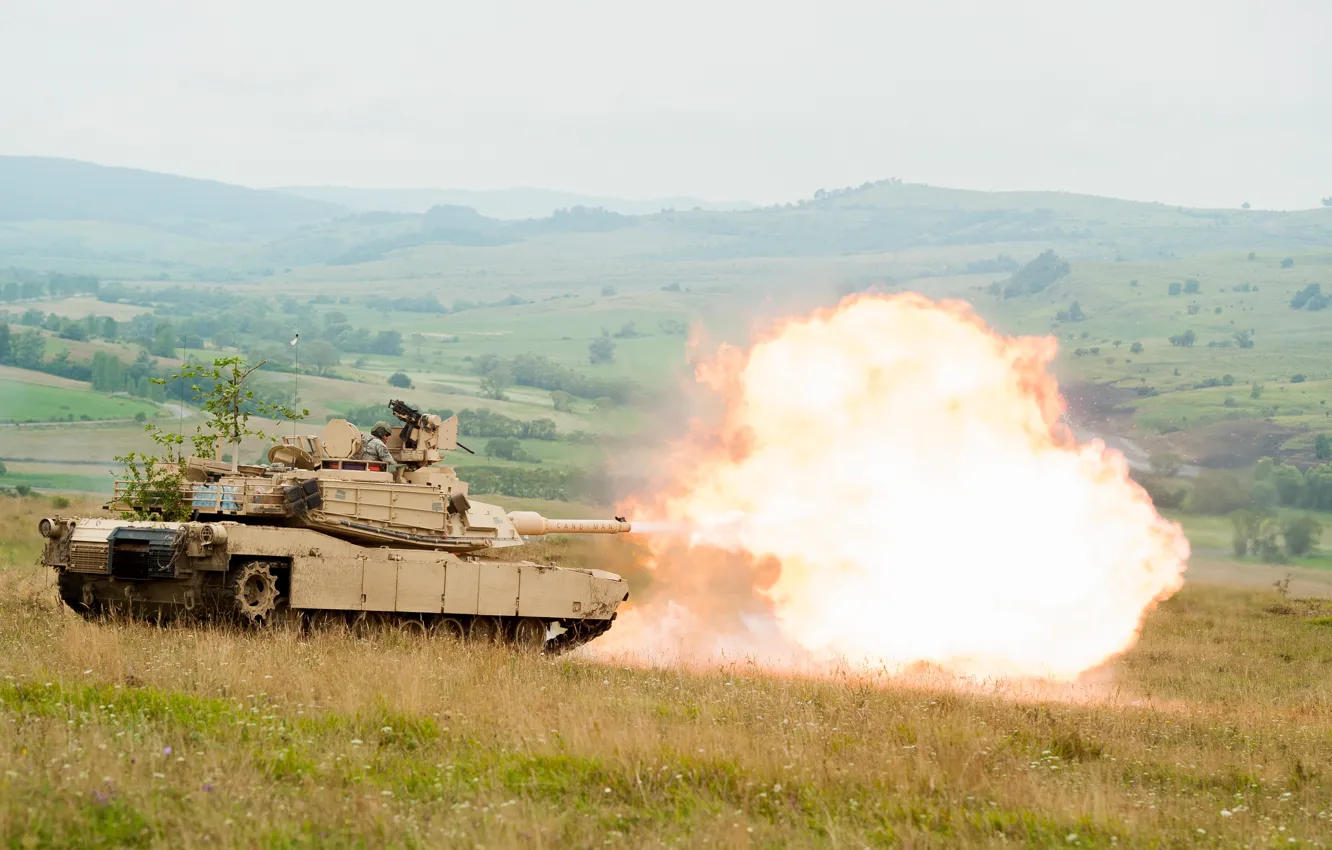 Фото обои выстрел, танк, залп, M1A1, бронетехника, Abrams, Абрамс