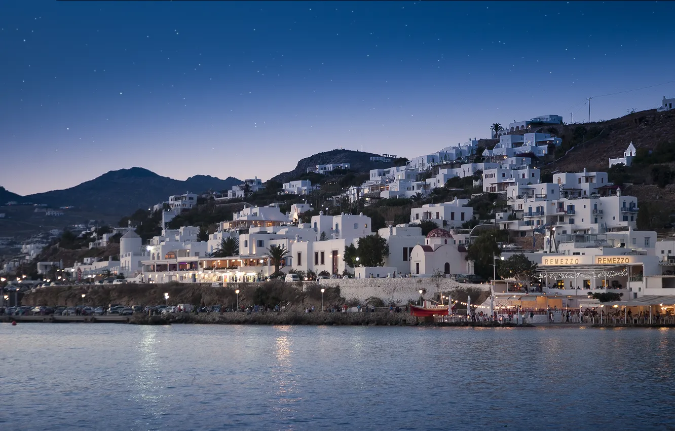 Фото обои city, sea, night, greek, mediterranean, mykonos