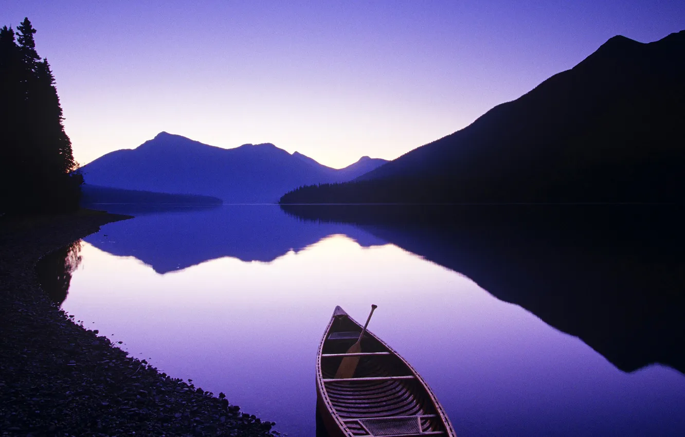 Фото обои небо, горы, озеро, лодка, вечер, весло