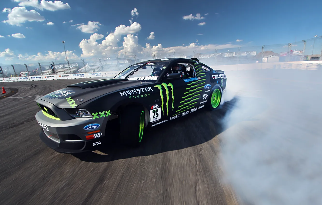 Фото обои Mustang, Ford, Drift, Clouds, Smoke, Tuning, Competition, Sportcar
