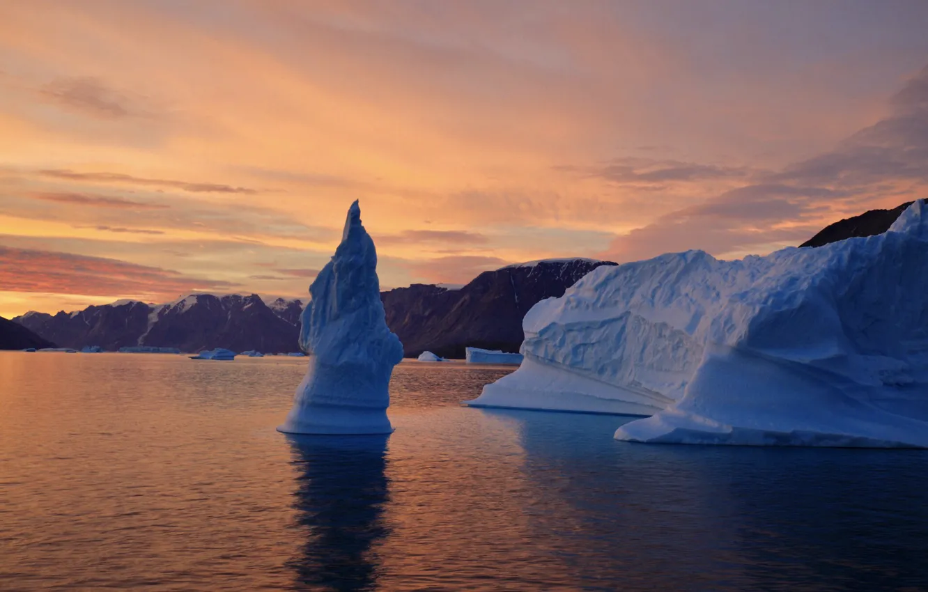 Фото обои закат, природа, океан, скалы, льды, льдины, Гренландия