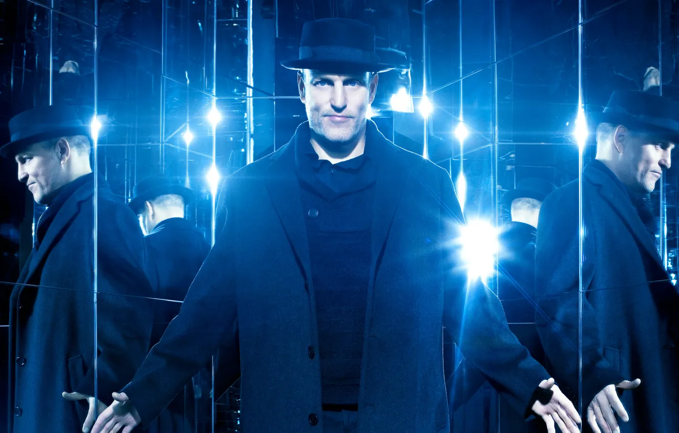Фото обои отражение, синева, шляпа, зеркала, пальто, Woody Harrelson, Вуди Харрельсон, Now You See Me 2