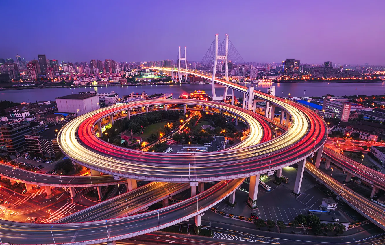 Фото обои мост, огни, река, дома, вечер, Китай, Shanghai, Шанхай