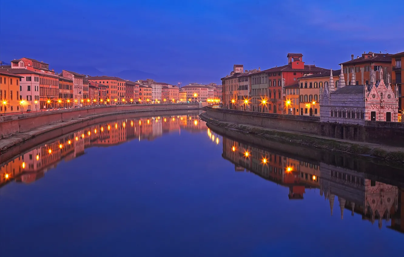Фото обои ночь, мост, огни, река, дома, Италия, Пиза, Тоскана
