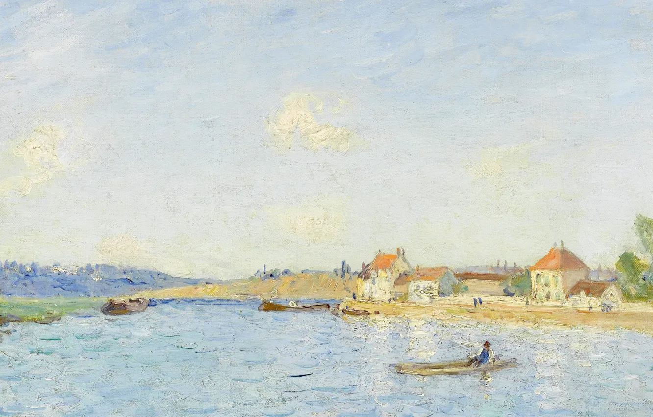 Фото обои пейзаж, река, лодка, дома, картина, Alfred Sisley, Альфред Сислей, Сен-Мамес