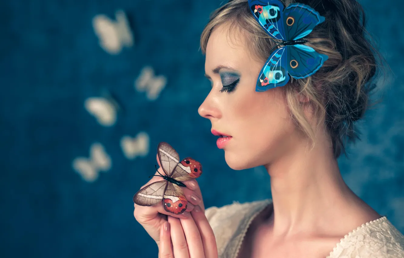Фото обои девушка, бабочки, лицо, стиль, настроение, макияж, профиль, Antonio Girlando