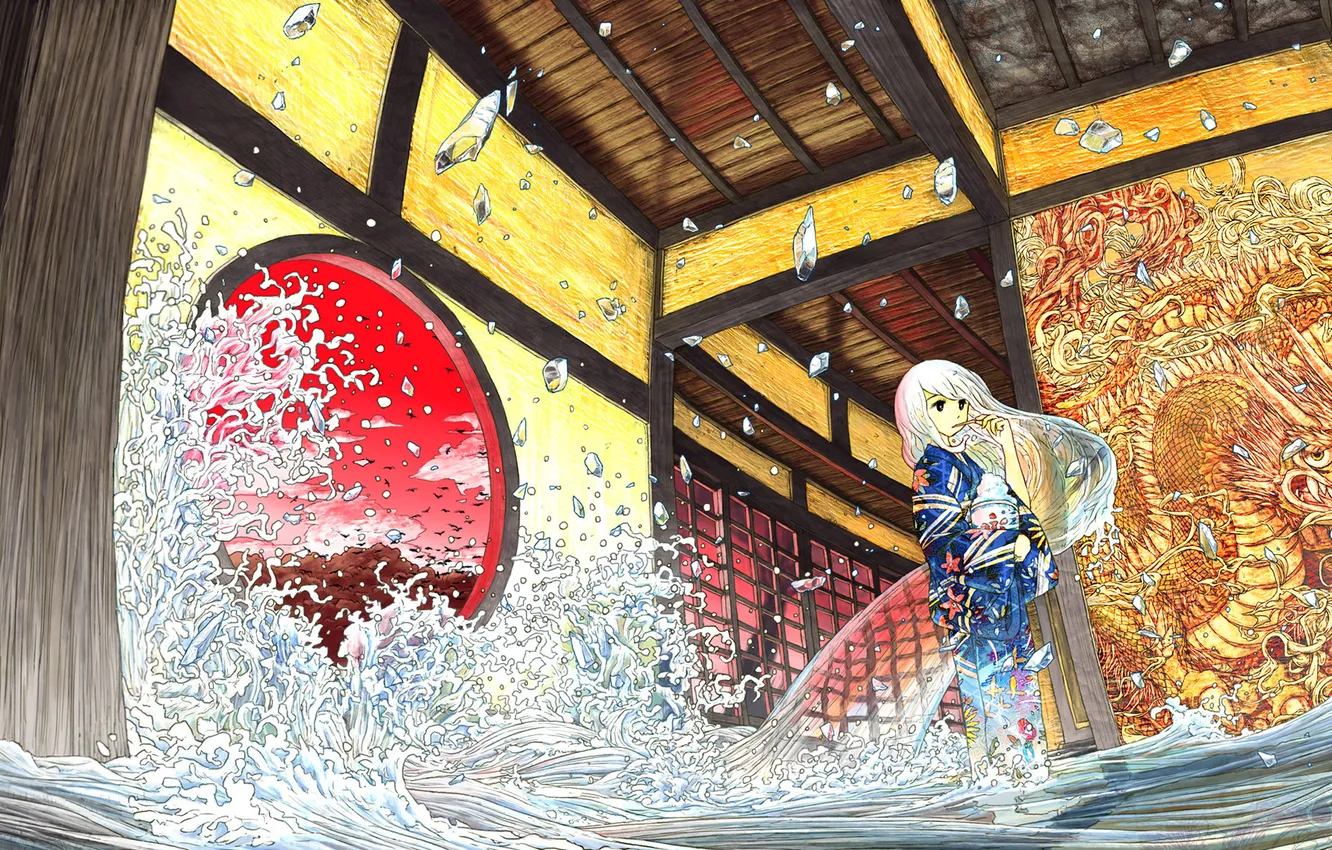 Фото обои вода, дом, дракон, аниме, арт, рисунки, девочка, sumashi