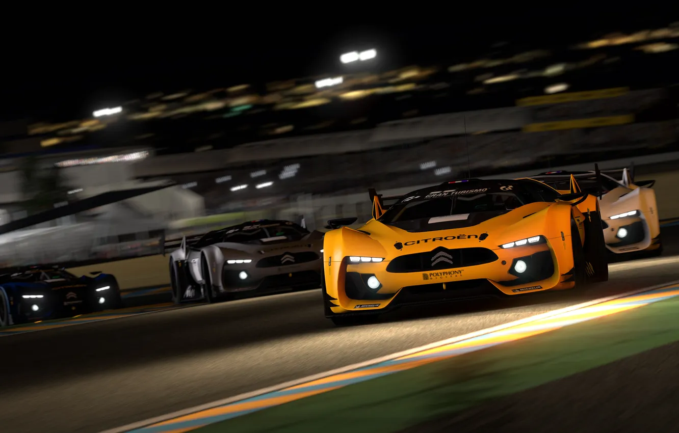 Фото обои ночь, гонка, фары, трек, Gran Turismo 5, citroen survolt concept