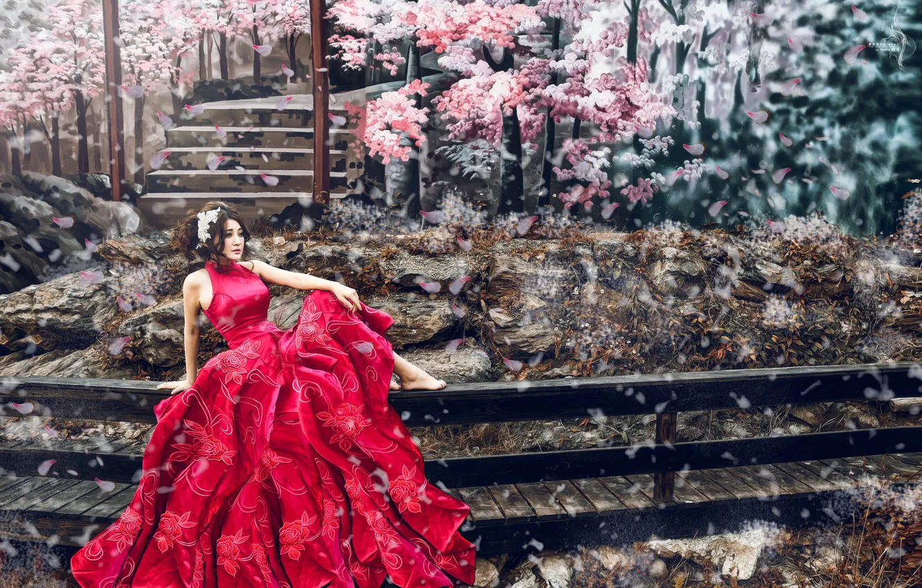 Фото обои девушка, настроение, фотошоп, лепестки, сакура, азиатка, красное платье