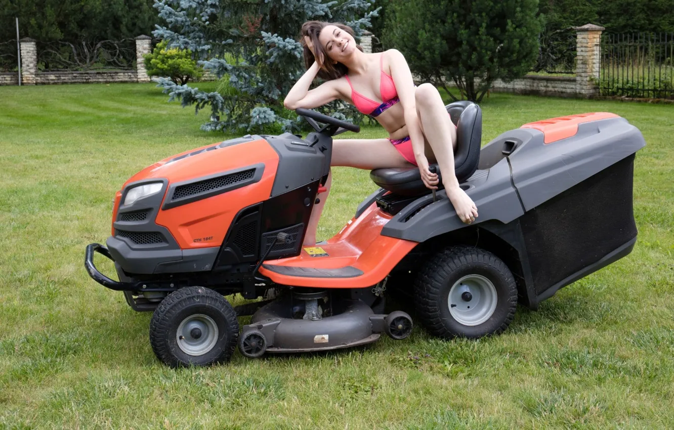 Фото обои girl, in the Garden, Lawn Mower
