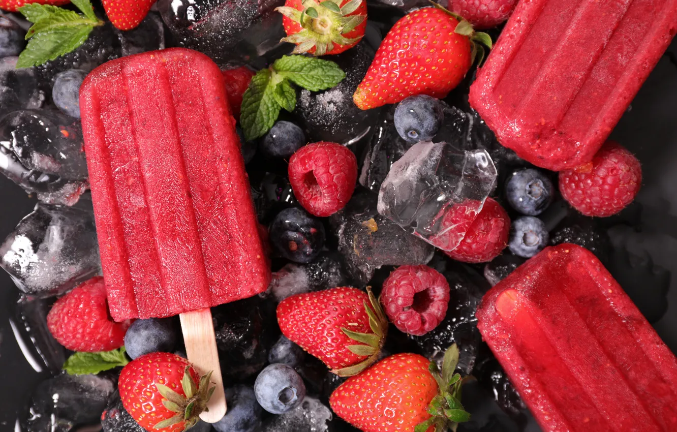 Фото обои лед, ягоды, малина, черника, клубника, мороженое, ice, сладкое