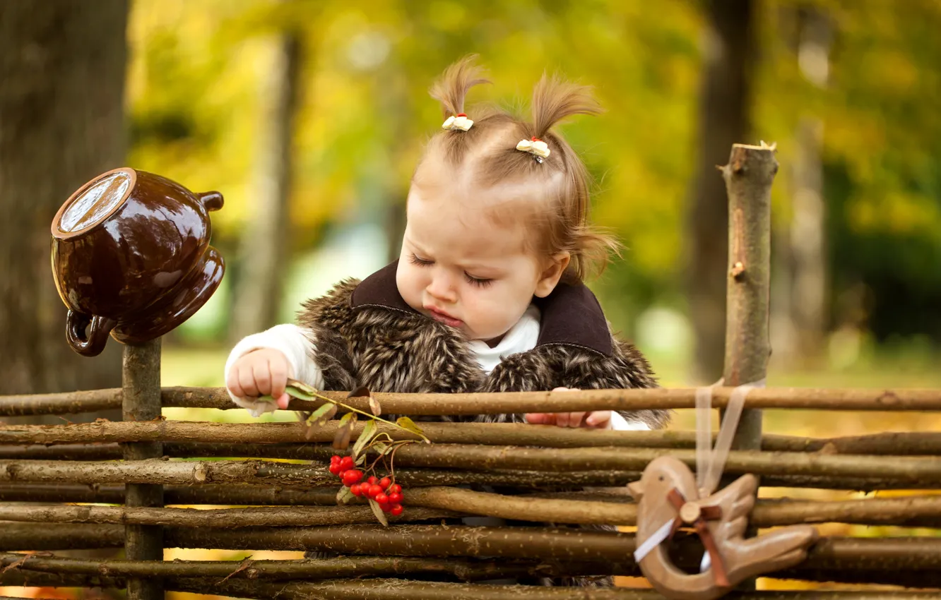 Фото обои осень, ребенок, девочка, мех, girls, маленькая, рябина, autumn