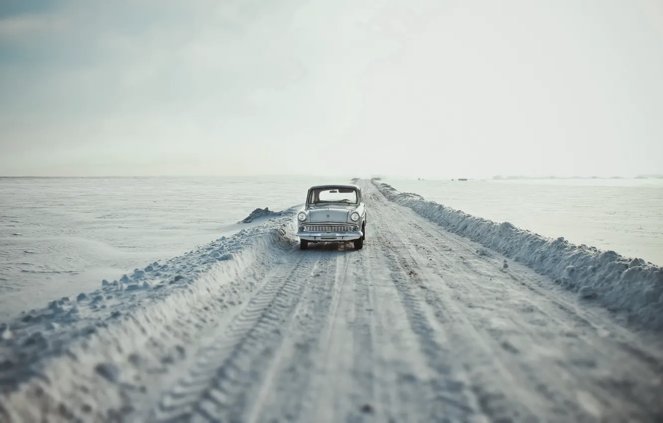 Фото обои дорога, машина, снег, Москвич 407