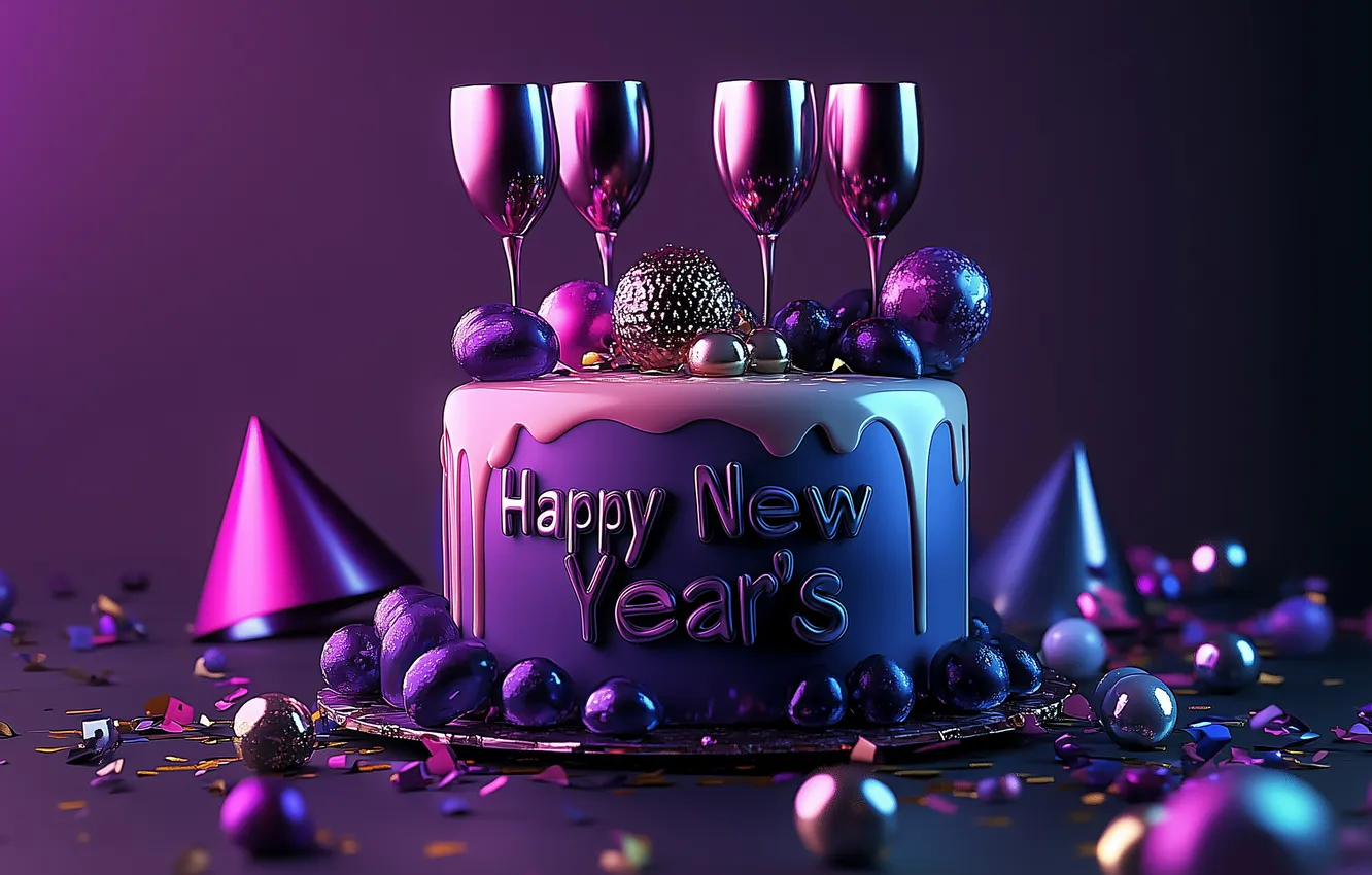 Фото обои бокалы, сладости, торт, Новый год, Happy New Year, digital art, цифровое искусство, 2025
