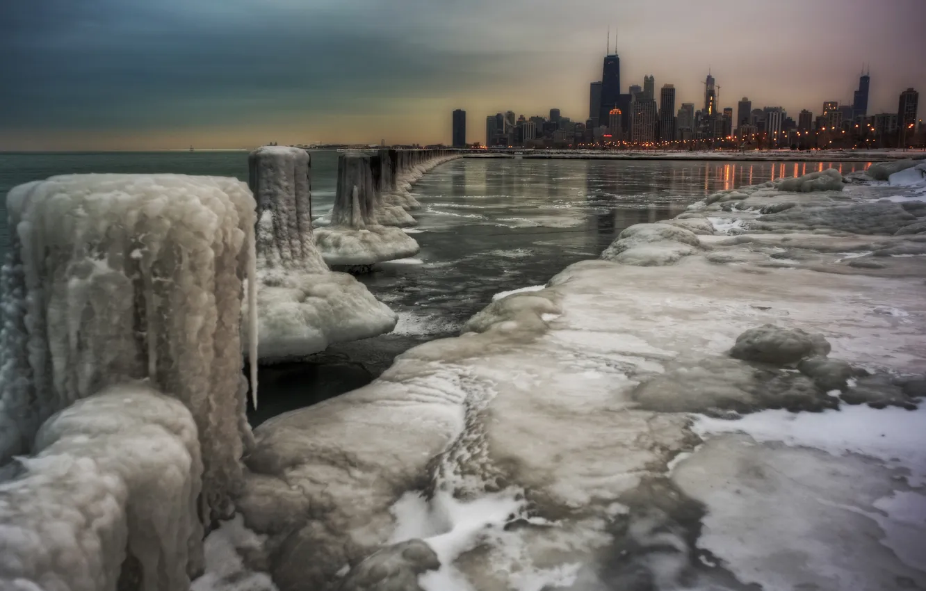 Фото обои лед, зима, город, Чикаго, США, Chicago, illinois, Иллиноис