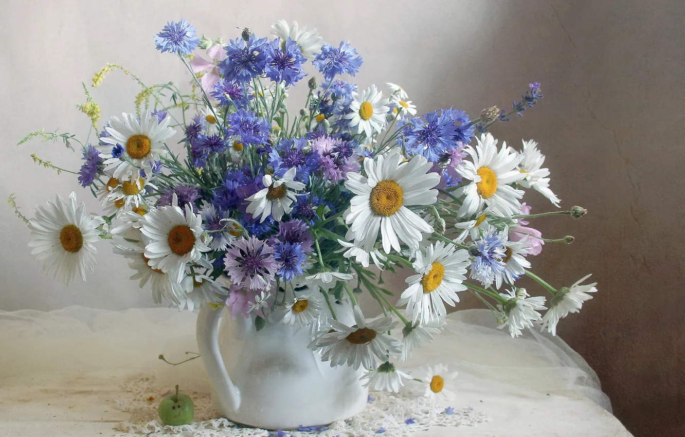 Фото обои цветы, ромашки, доска, кувшин, салфетка, васильки