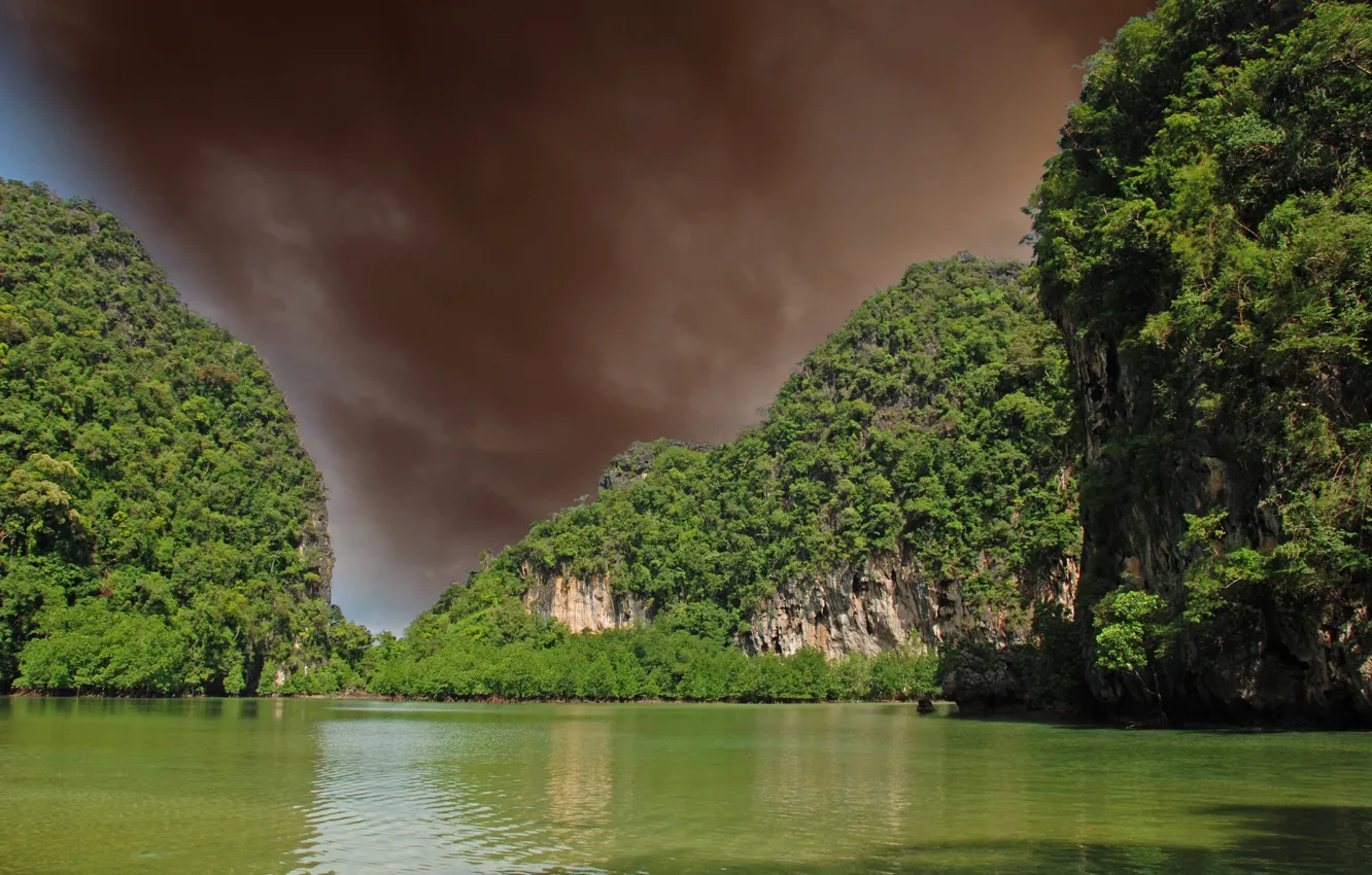 Фото обои небо, вода, деревья, тучи, скалы, Таиланд, Giant Thailand Rocks