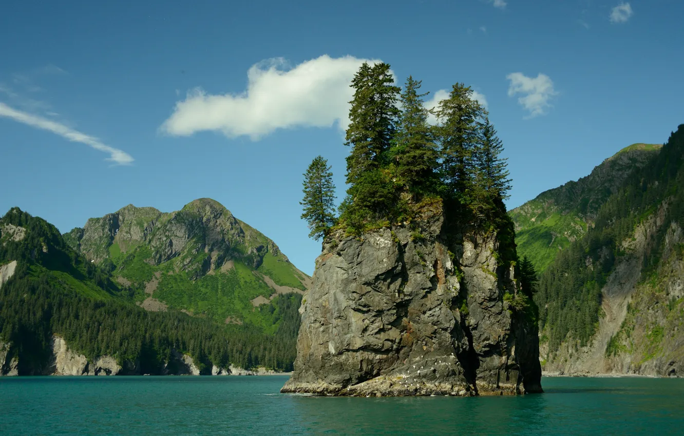 Фото обои деревья, горы, скала, озеро