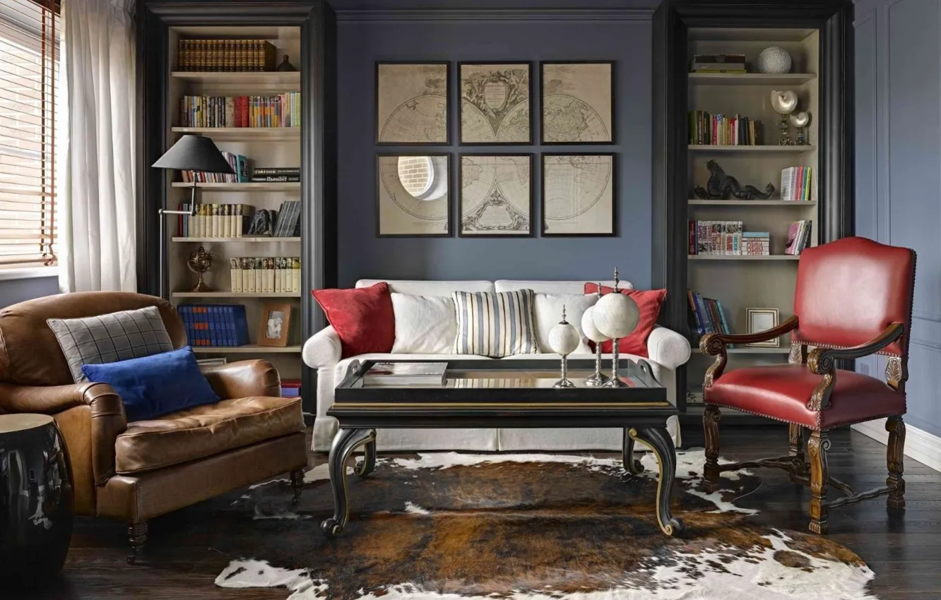 Фото обои дизайн, стиль, интерьер, кресла, библиотека, софа, гостиная