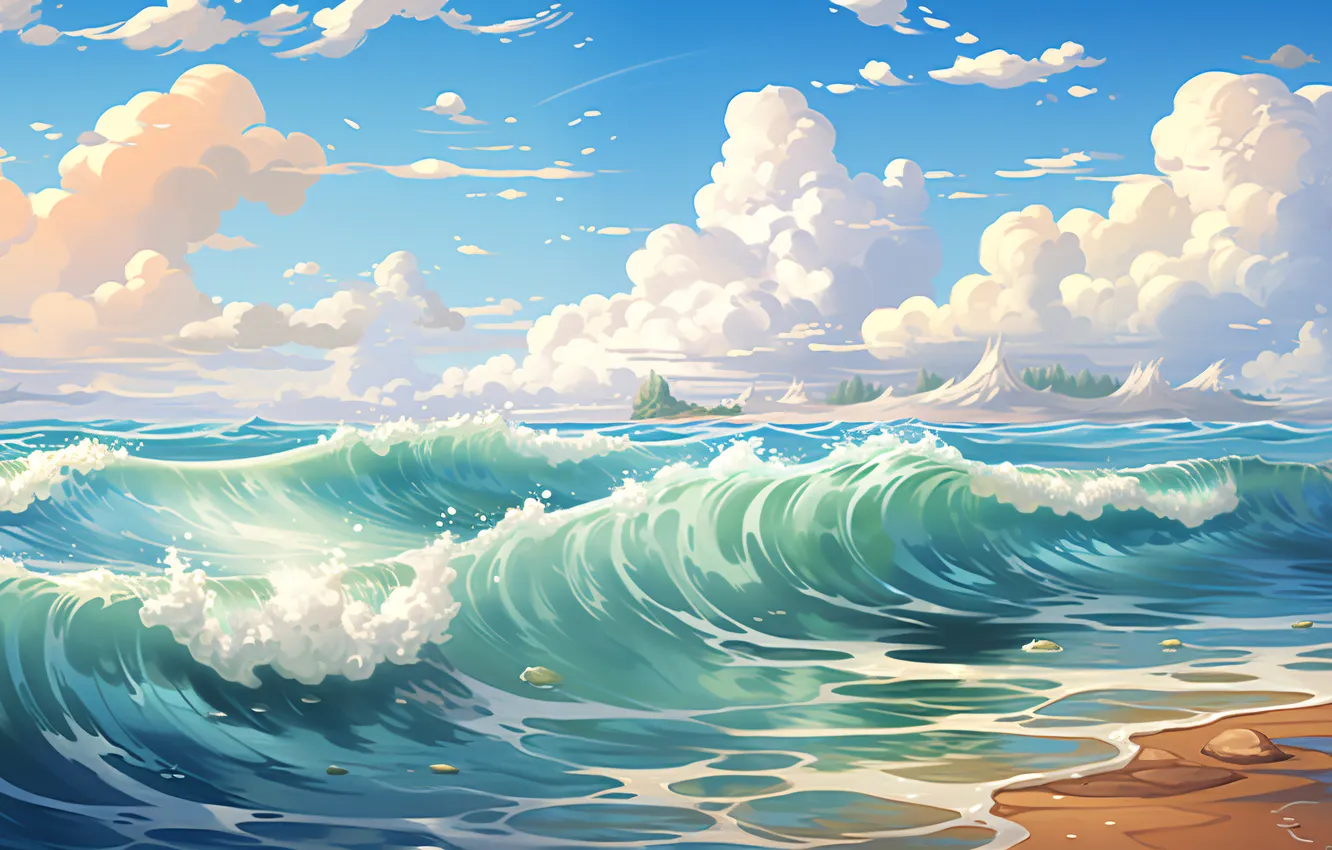 Фото обои Вода, Облака, Море, Волны, Цифровое искусство, ИИ-арт, Искусство искусственного интеллекта, Нейросеть