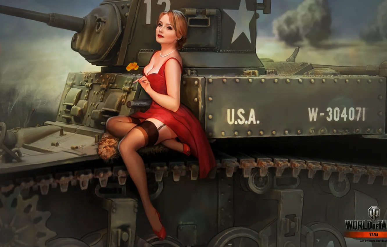 Фото обои девушка, чулки, танк, girl, танки, WoT, Мир танков, tank