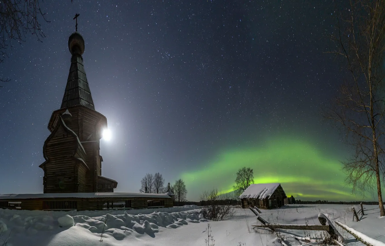 Фото обои зима, снег, пейзаж, ночь, северное сияние, церковь, национальный парк, Кенозерье