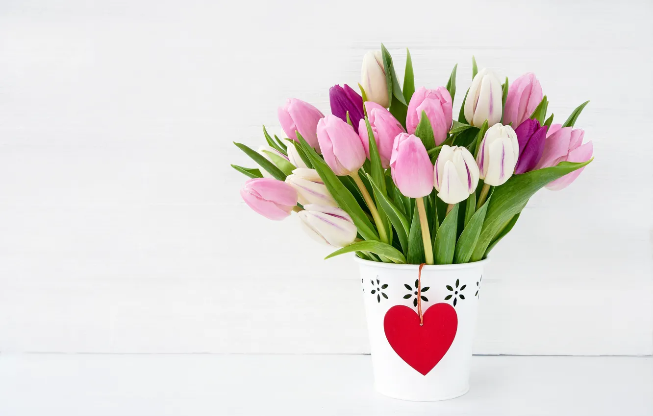 Фото обои розовый, праздник, букет, тюльпаны, день влюбленных, кашпо