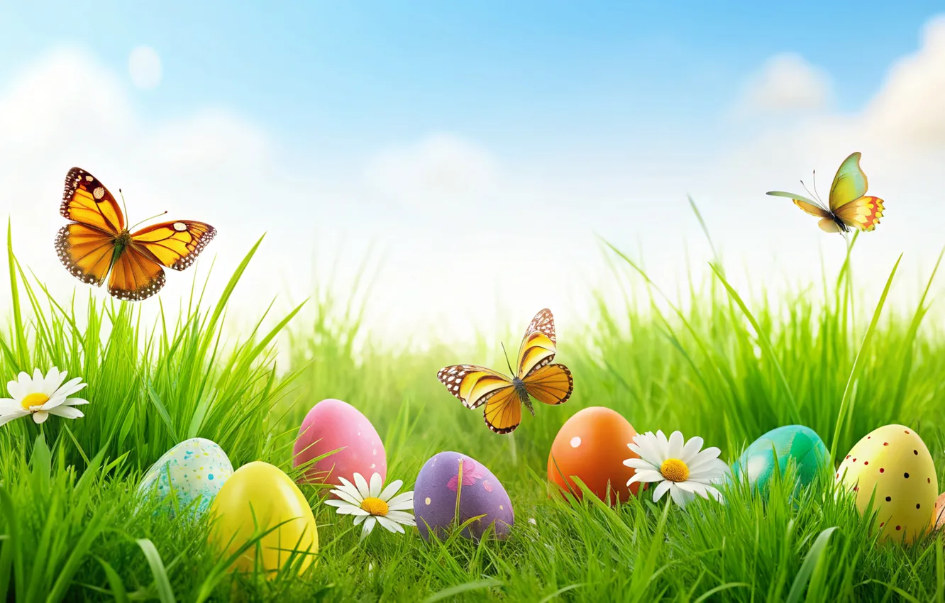 Фото обои цветы, яйца, весна, colorful, Пасха, happy, flowers, spring