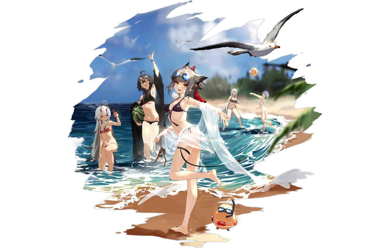 Фото обои sexy, cleavage, beach, long hair, sea, girls, boobs, anime