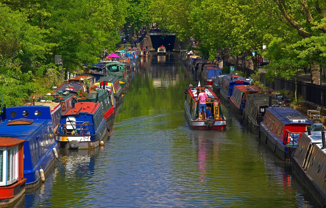 Фото обои деревья, пейзаж, лодка, Англия, Лондон, канал, маленькая Венеция