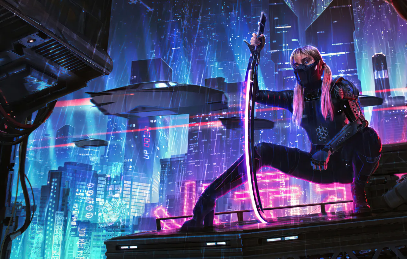 Фото обои sword, cyberpunk, artwork, AI art