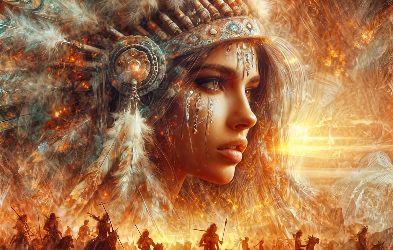 Фото обои поле, девушка, солнце, лицо, конь, лошадь, перья, фэнтези