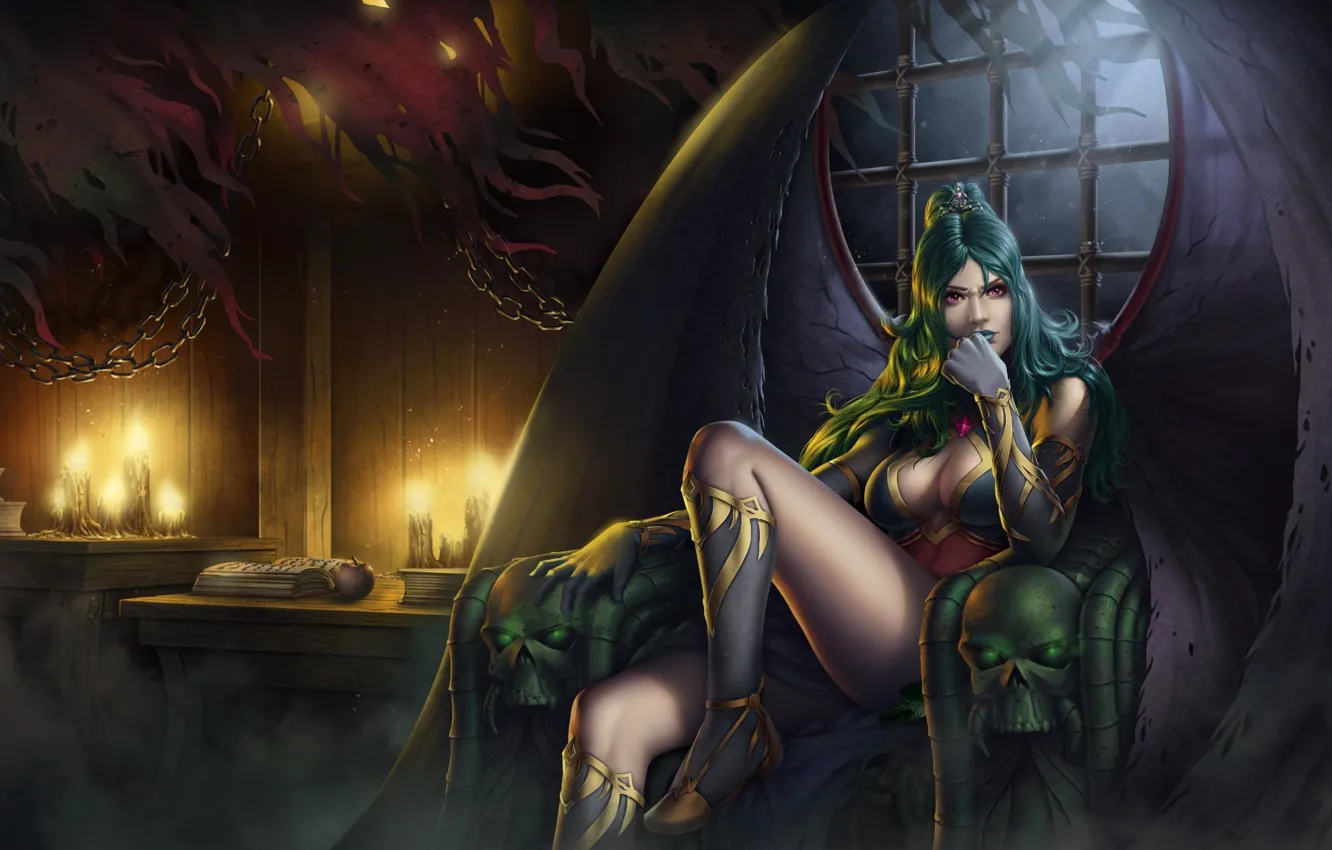 Фото обои apple, demon, girl, fantasy, cleavage, legs, breast, skulls