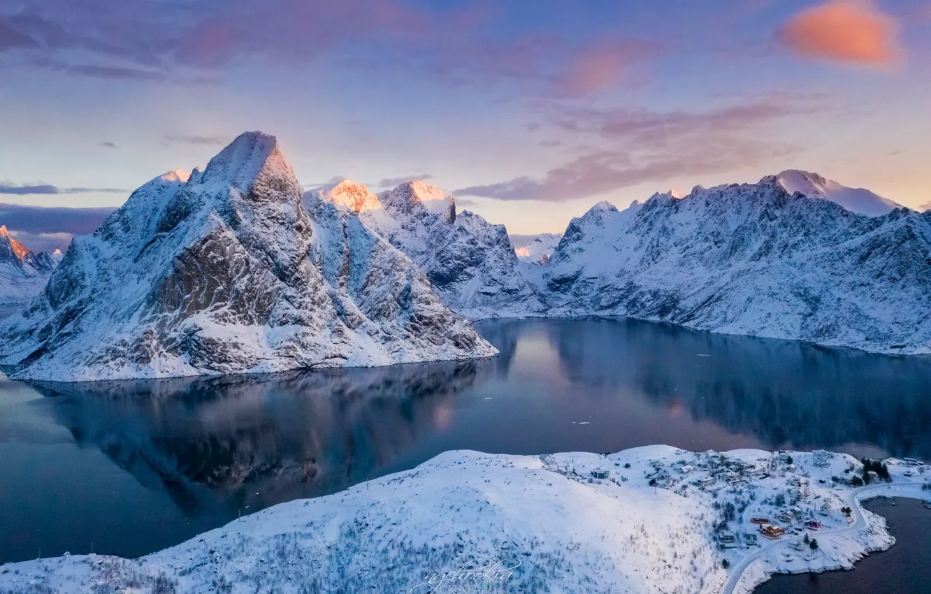 Фото обои зима, море, небо, снег, горы, скалы, Норвегия, панорама