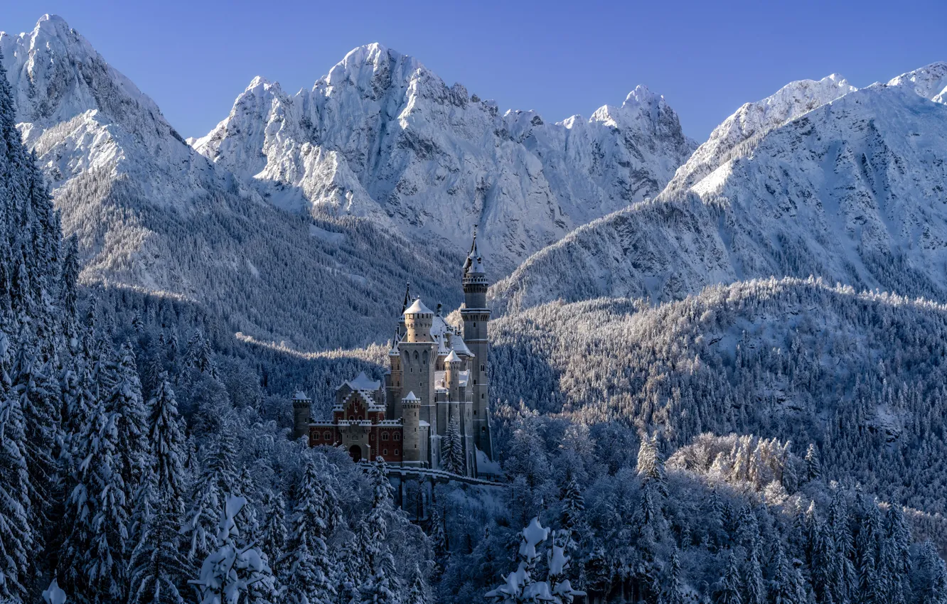 Фото обои зима, лес, снег, горы, замок, Германия, Бавария, Germany