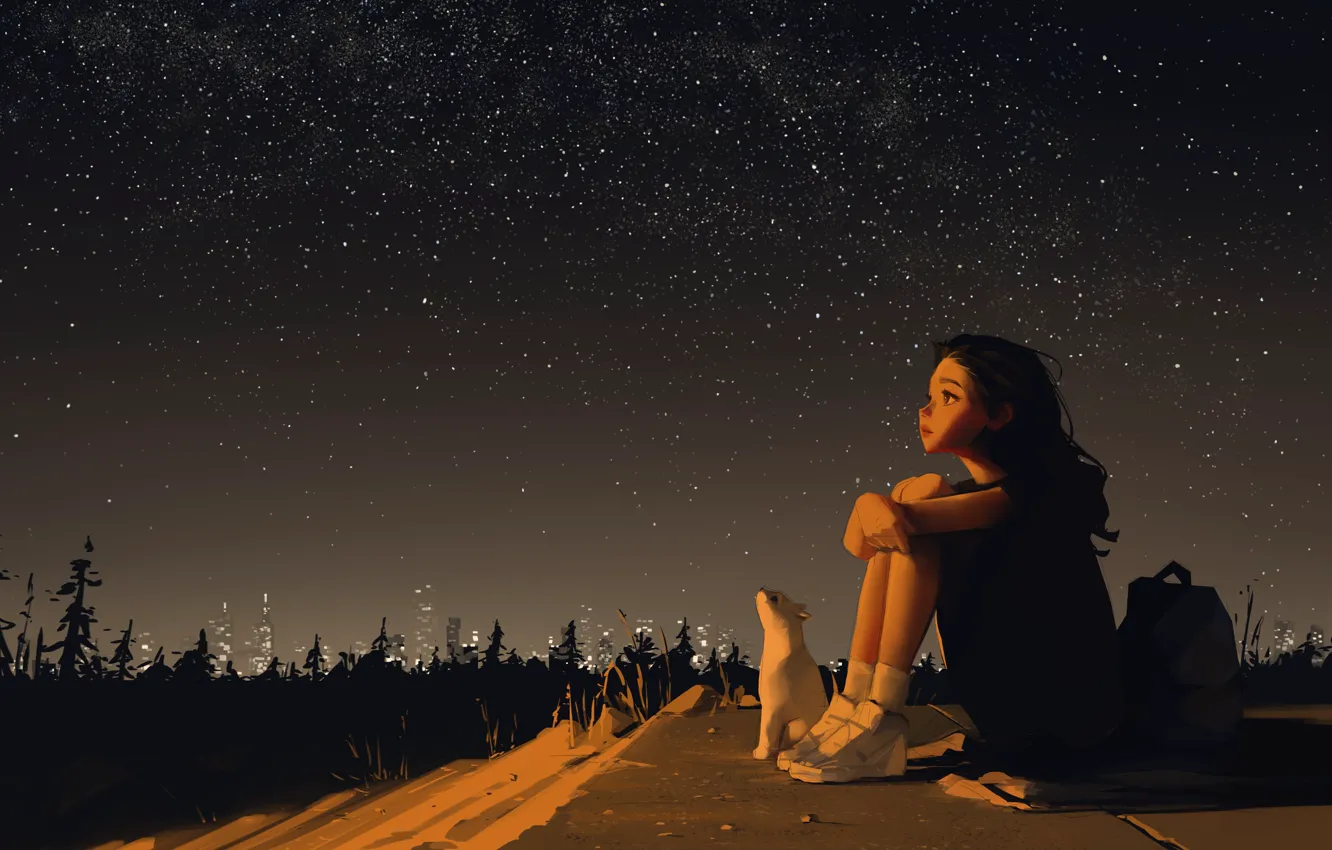 Фото обои animals, landscape, stars, women, cats, digital art, artwork, sitting