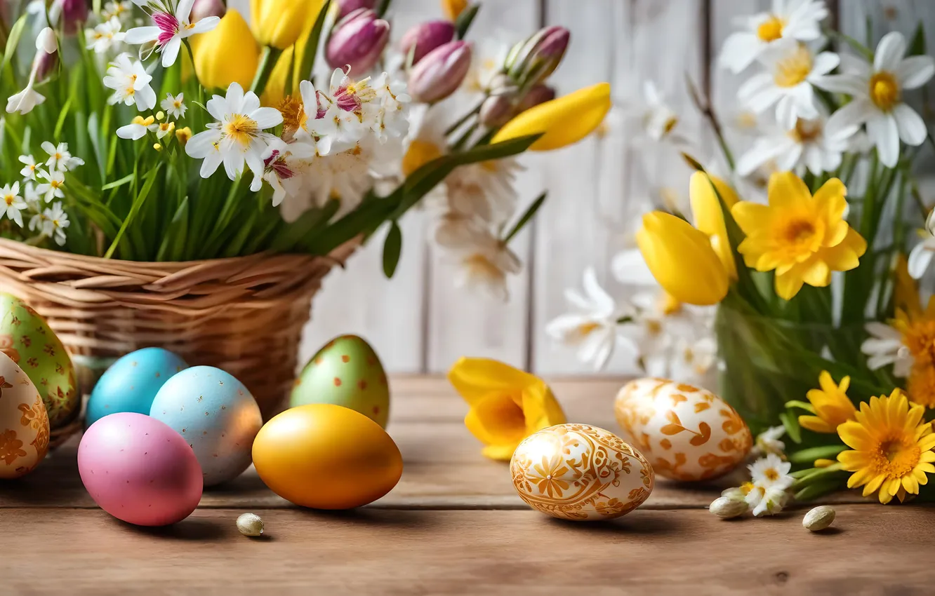 Фото обои цветы, яйца, весна, colorful, Пасха, flowers, spring, Easter