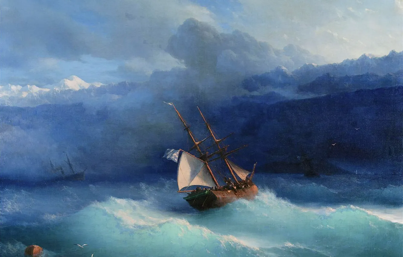 Фото обои корабль, картина, парус, морской пейзаж, Иван Айвазовский, Вдоль Побережья