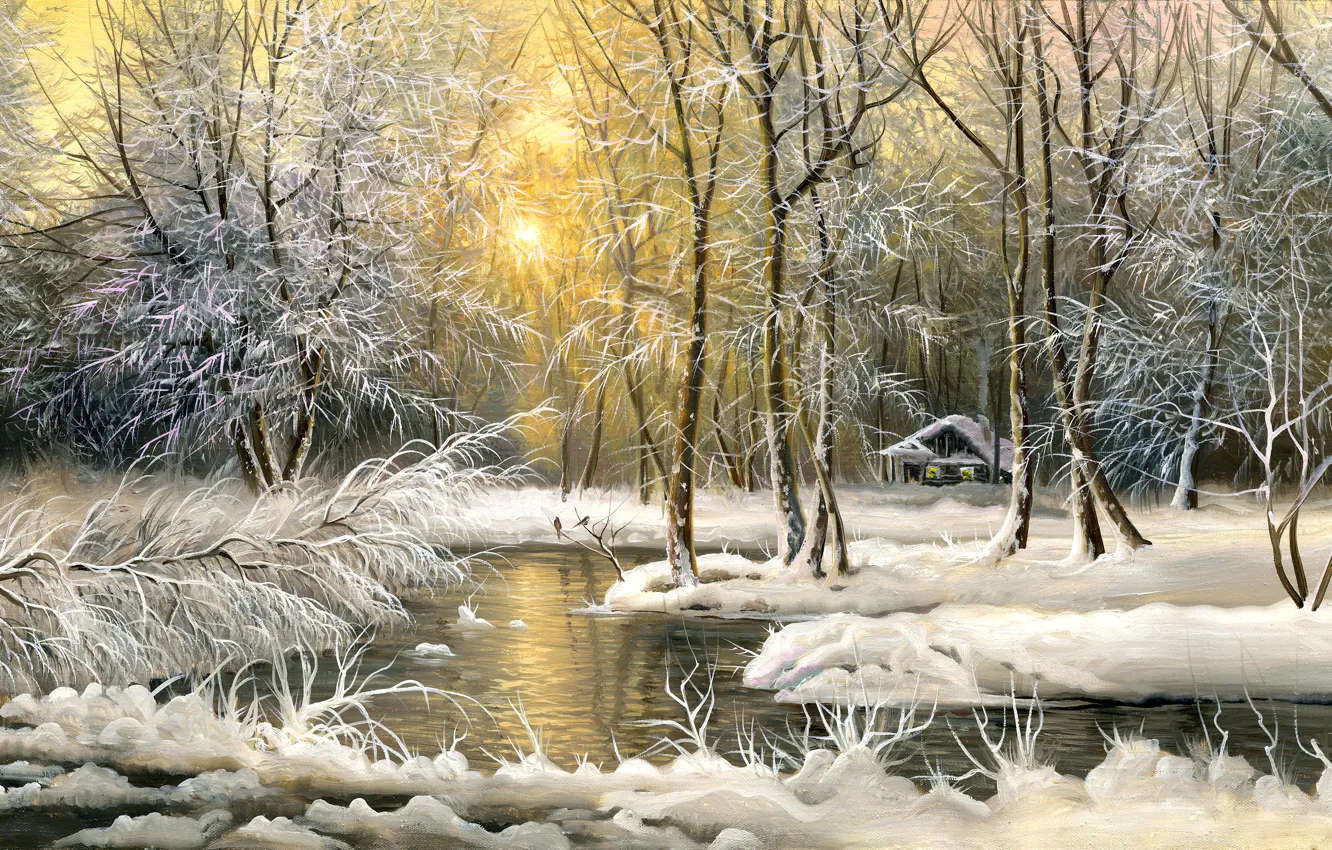 Фото обои холод, зима, снег, деревья, картина, домик, живопись, маслом