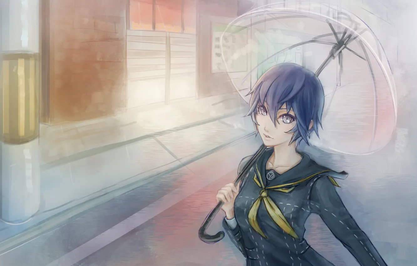 Фото обои взгляд, девушка, дождь, улица, зонт, anime, art, persona 4
