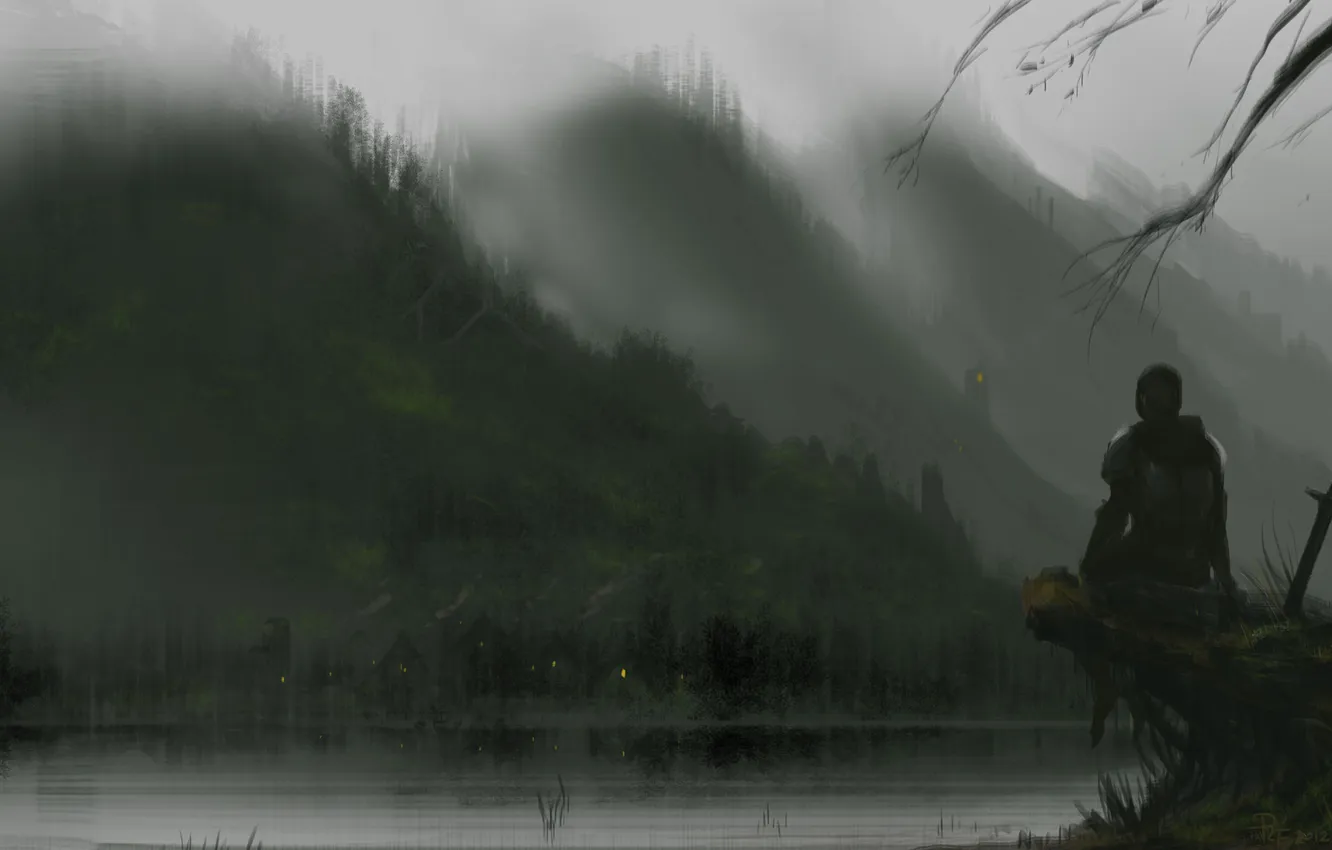 Фото обои горы, огни, туман, озеро, оружие, холмы, человек, дома