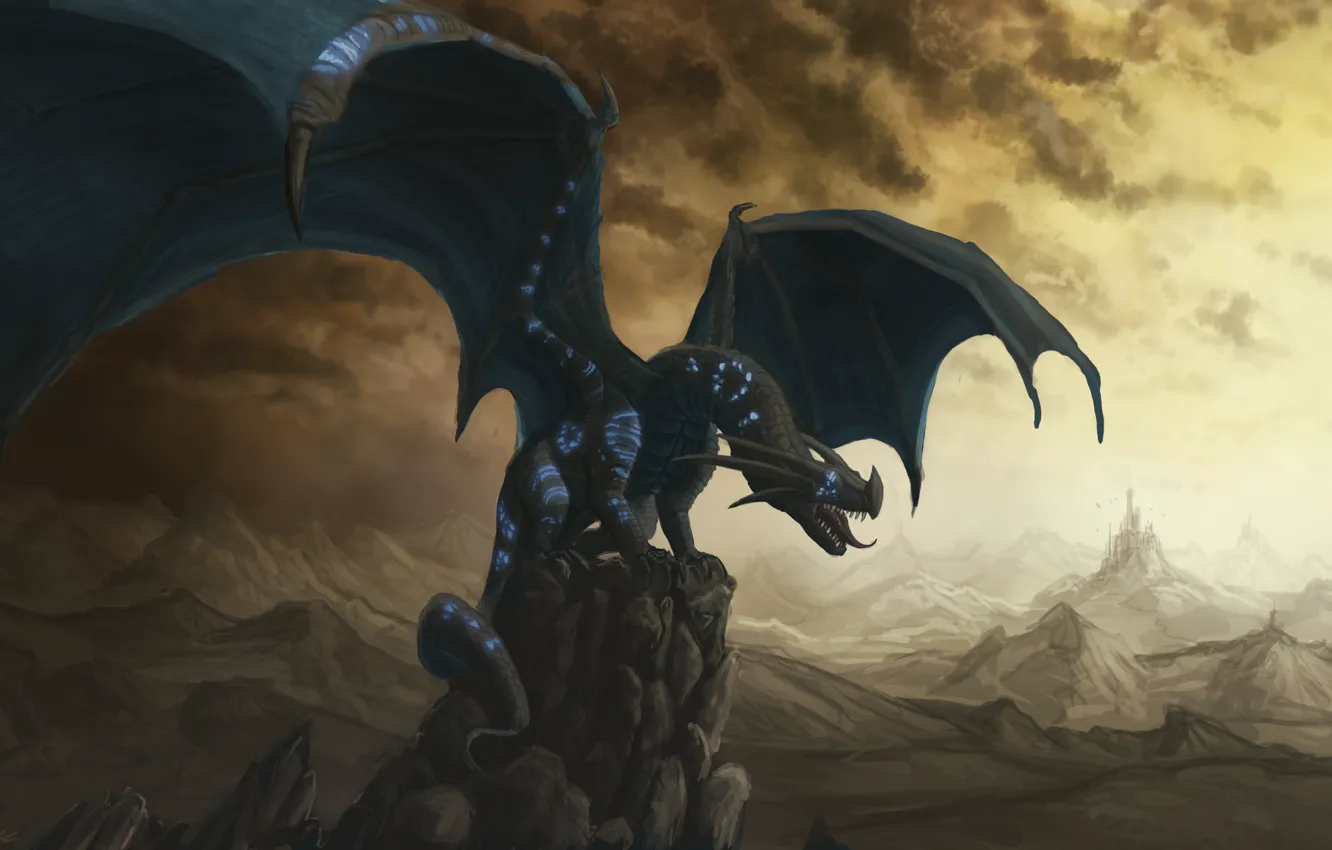 Фото обои скалы, чёрный, дракон