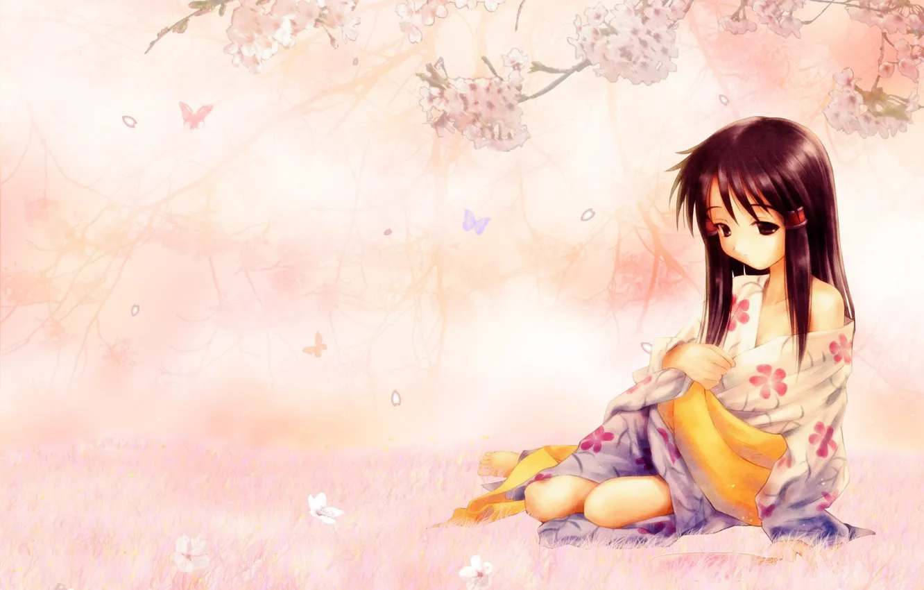 Фото обои грусть, девушка, цветы, настроение, сакура, кимоно
