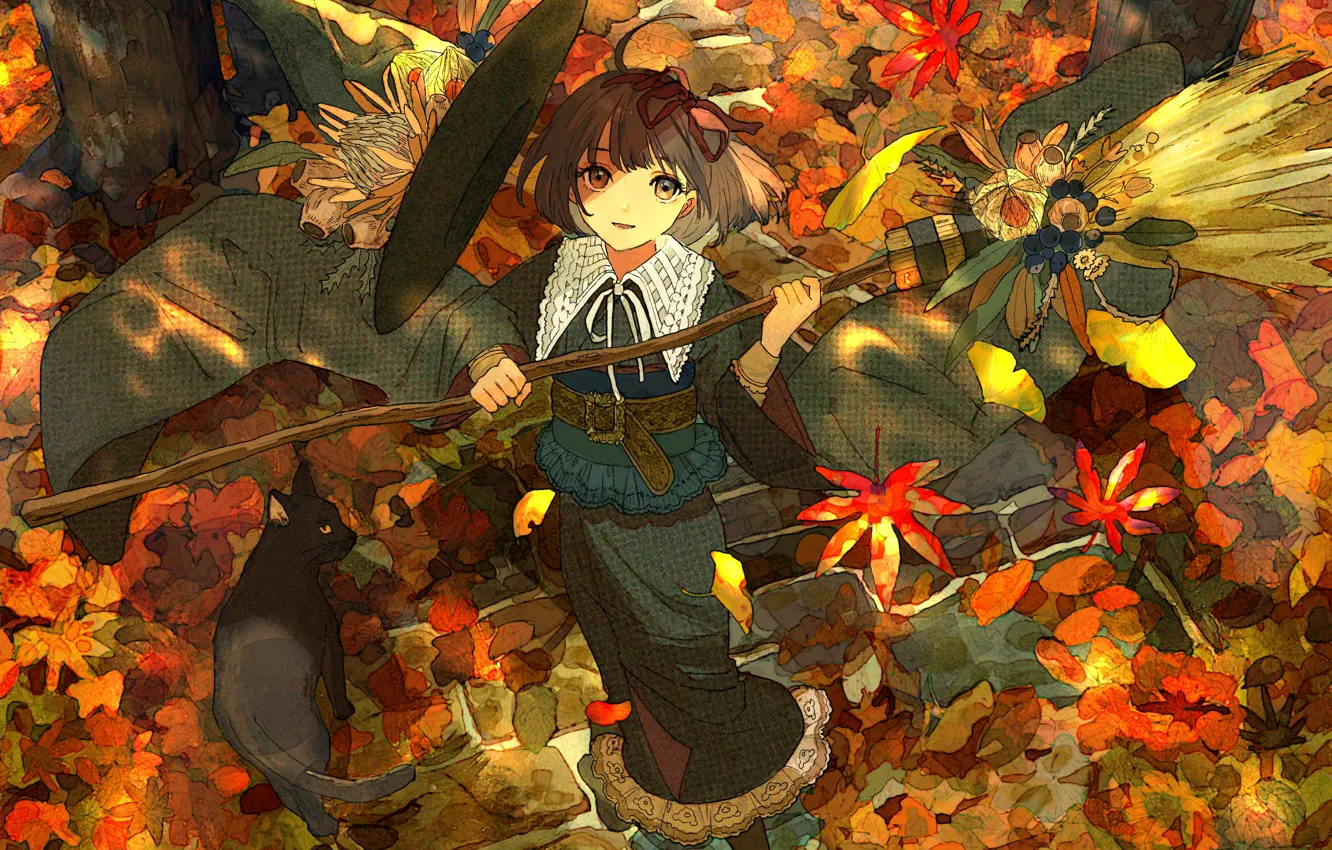 Фото обои осень, листья, девушка, ведьма, метла, черный кот, мостовая