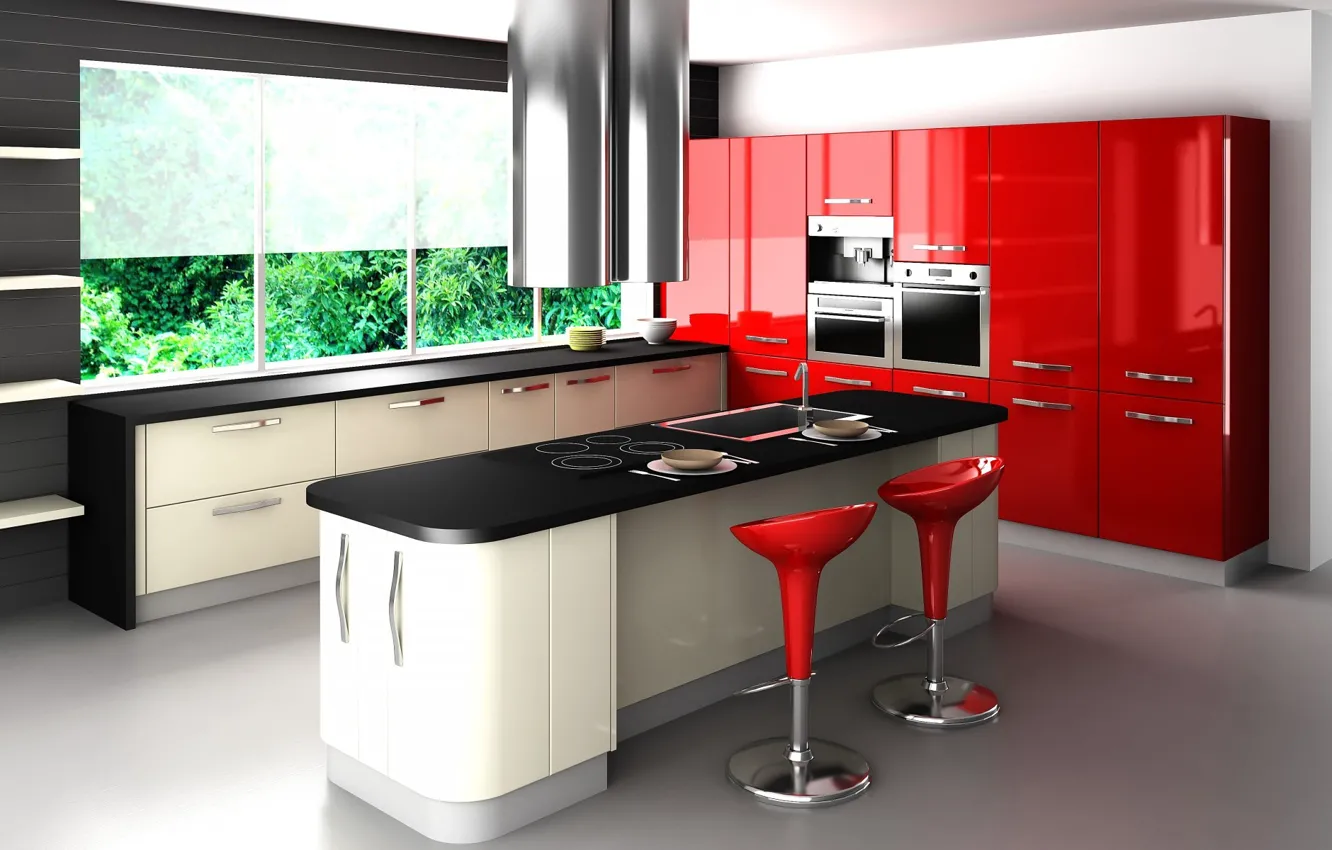 Фото обои красный, стиль, стол, стулья, окно, кухня, гарнитур