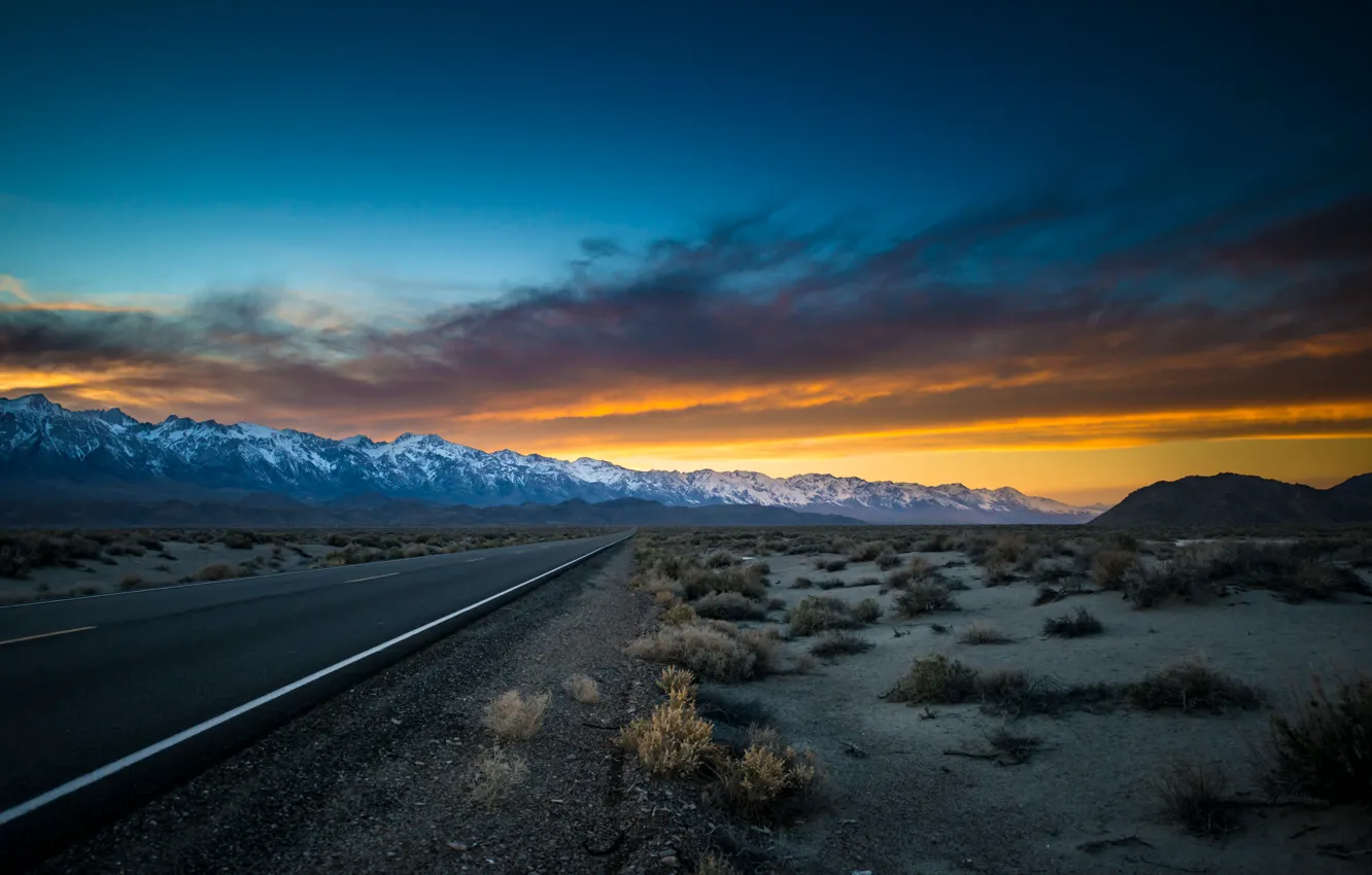 Фото обои дорога, закат, california, owens valley